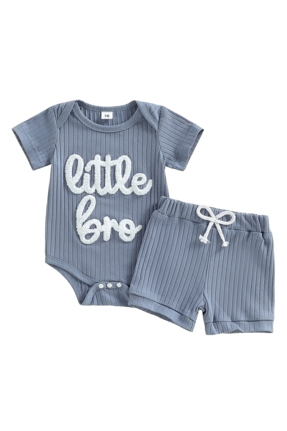 2Pcs Newborn Boy Litter Brother Outfit Infant Summer Clothes Short Sleeve Little Bro Letters Embroidery Romper and Elastic Waist Shorts Set