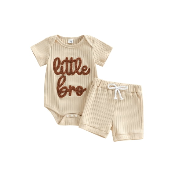 BemeyourBBs 2Pcs Newborn Boy Litter Brother Outfit Infant Summer Clothes Short Sleeve Little Bro Letters Embroidery Romper and Elastic Waist Shorts Set