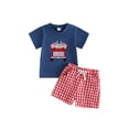 thumbnail image 1 of BemeyourBBs 2Pcs Toddler Baby Boy 4th of July Outfit Newborn Baby Boys Patriot Independence Day Summer Clothes Short Sleeve America Flag in Truck Embroidery TShirt Tops and Plaid Pockets Shorts Set, 1 of 9