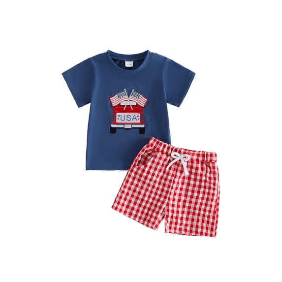 BemeyourBBs 2Pcs Toddler Baby Boy 4th of July Outfit Newborn Baby Boys Patriot Independence Day Summer Clothes Short Sleeve America Flag in Truck Embroidery TShirt Tops and Plaid Pockets Shorts Set