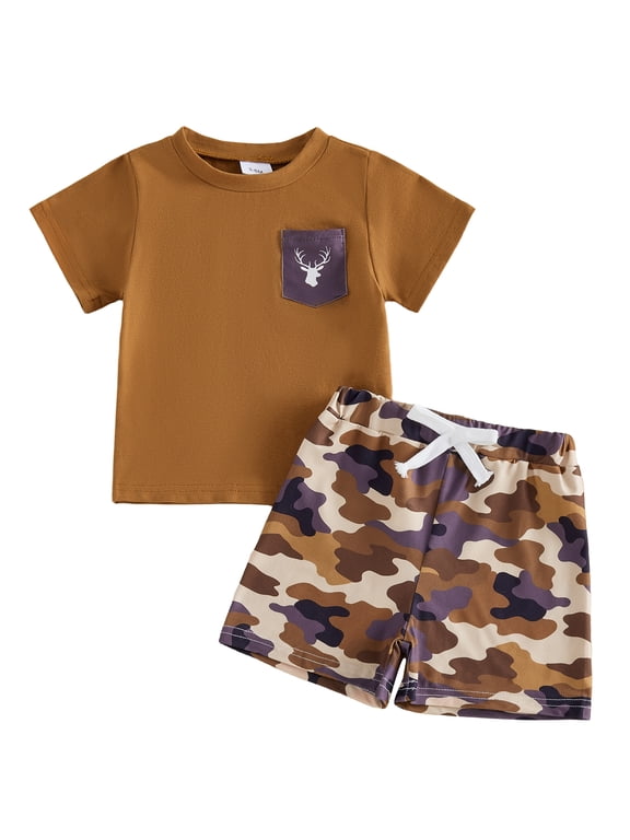 2Pcs Toddler Baby Boy Camouflage Outfits Cute Infant Baby Summer Fall Clothes Short Sleeve Crew Neck Deer Head Print T Shirt Tops and Elastic Waist Camo Shorts Set