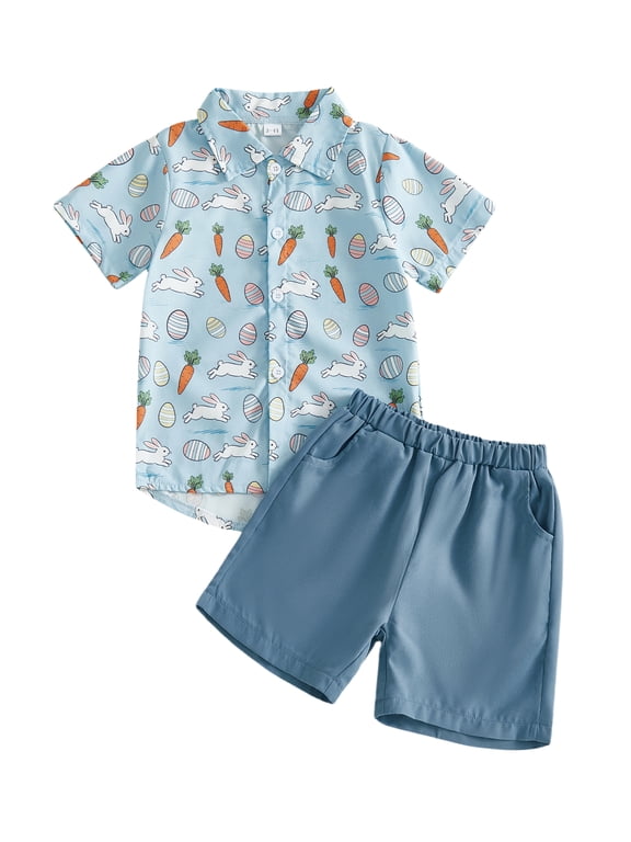 2Pcs Toddler Baby Boy Easter Outfits Short Sleeve Lapel Collar Bunny Carrot Print Button Down Shirt and Elastic Waist Pockets Shorts Set Cute Spring Summer Clothes