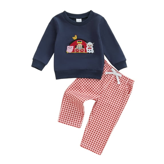 BemeyourBBs 2Pcs Toddler Baby Boy Farm Animal Outfit Spring Fall Clothes Long Sleeve Crew Neck Embroidery Sweatshirt with Plaid Pants Set