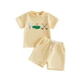 thumbnail image 1 of BemeyourBBs 2Pcs Toddler Baby Boy Girl Golf Outfits Summer Clothes Short Sleeve Crew Neck Striped Golf Embroidery T shirt Tops and Pockets Shorts Set, 1 of 9