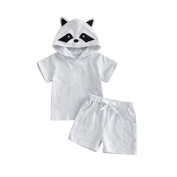 BemeyourBBs 2Pcs Toddler Baby Boy Shark Raccoon Costume Summer Clothes Kids Halloween Animal Outfits Short Sleeve Cute Animal Hooded Hoodie Shirt Tops and Elastic Waist Pockets Shorts Set