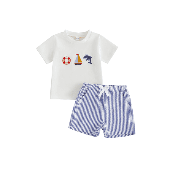 BemeyourBBs 2Pcs Toddler Baby Boy Summer Clothes Infant Baby Boys Summer Outfits Short Sleeve Sailboat Animal Embroidery T Shirt Tops and Elastic Waist Striped Pockets Shorts Set