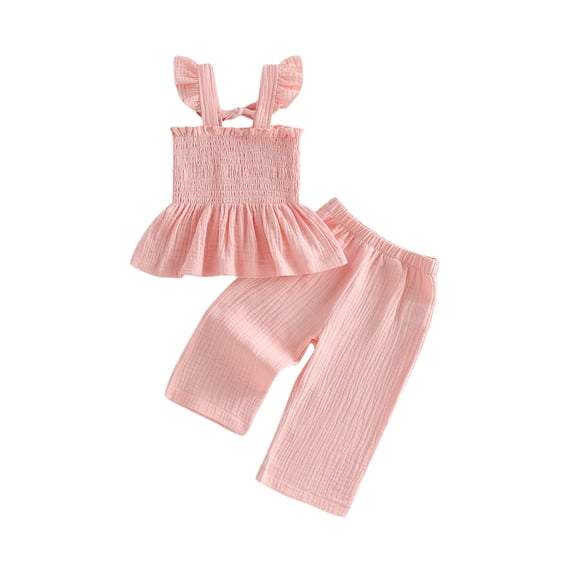 BemeyourBBs 2Pcs Toddler Baby Girl Summer Clothes Cotton Linen Outfits Fly Sleeve Ruffle Smocked Tank Tops Wide Legs Pants Set
