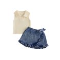thumbnail image 1 of BemeyourBBs 2Pcs Toddler Baby Girl Summer Clothes Infant Baby Girl Denim Outfit Toddler Cowgirl Outfit Sleeveless Lapel Collar Ribbed Vest Tank Tops and Ruffled Jeans Skirt Denim Skirts Set, 1 of 9