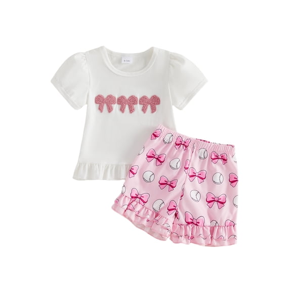BemeyourBBs 2Pcs Toddler Baby Girls Summer Clothes Baseball Outfit Puff Short Sleeve Crew Neck Baseball Bow Embroidery T Shirt Tops and Elastic Waist Shorts Set