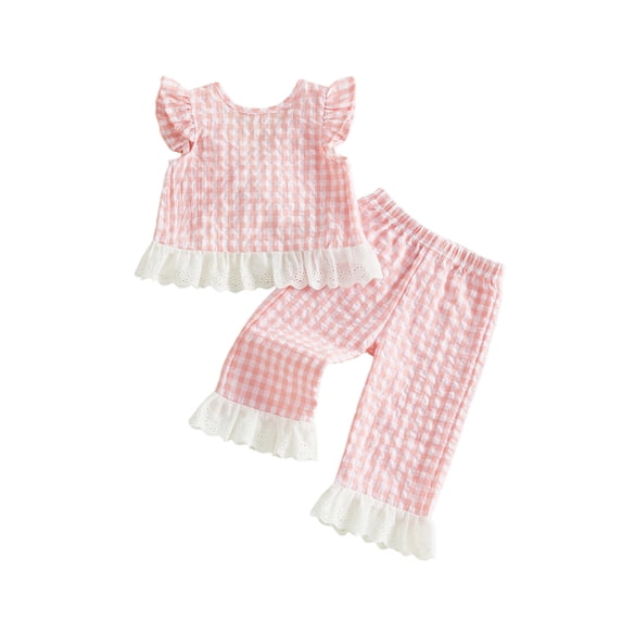 BemeyourBBs 2Pcs Toddler Baby Girls Summer Clothes Cute Infant Baby Girl 2 Pieces Outfits Flying Sleeve Plaid Print Back Bow Lace Trim Shirt Tops and Elastic Waist Pants Set