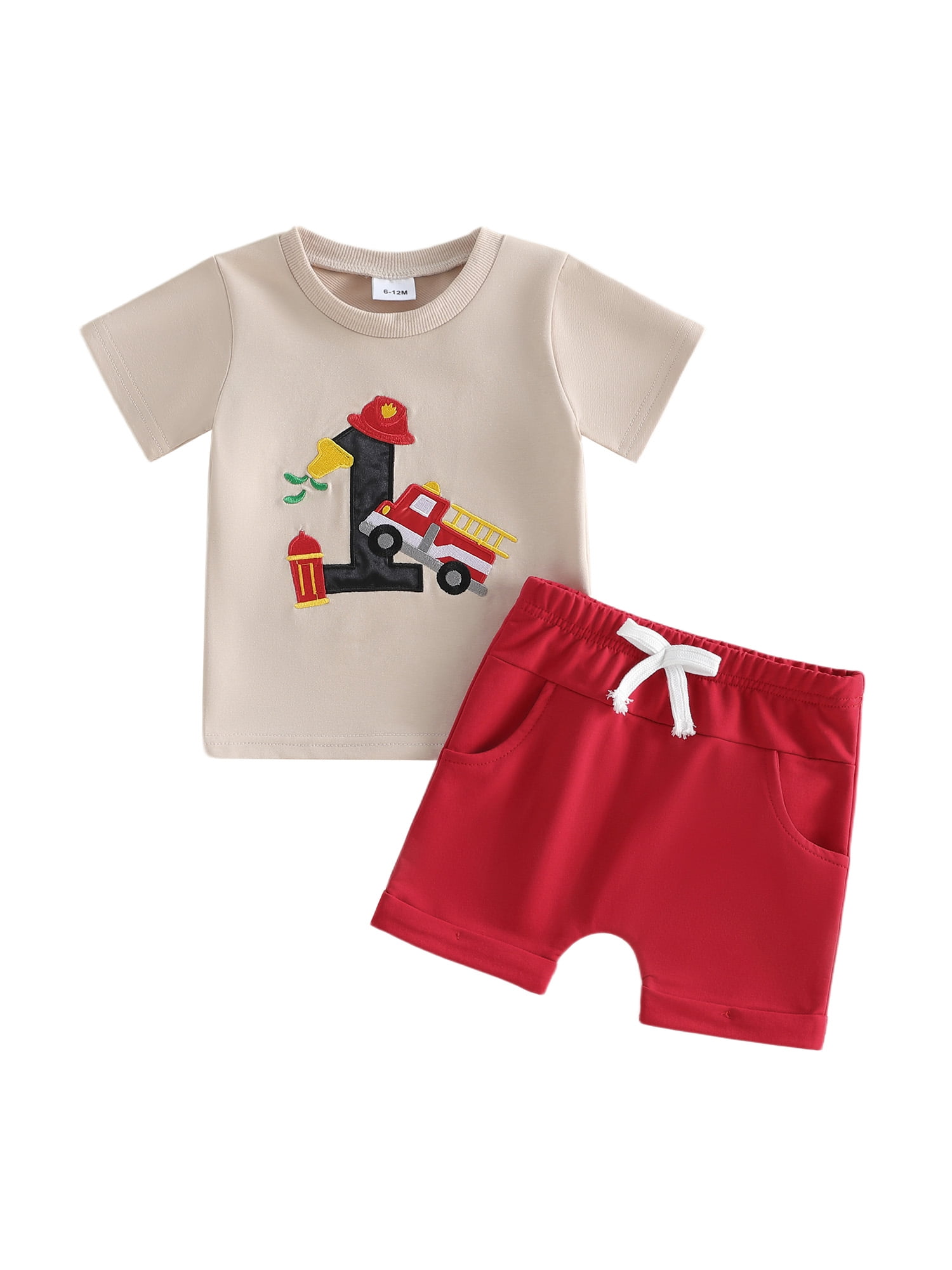 2pcs Infant Boy First Birthday Outfits One Years Old Summer Clothes Short Sleeve Crew Neck Fire Engine Embroidery T Shirt Tops And Elastic Waist Pockets Shorts Set