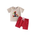 thumbnail image 1 of BemeyourBBs 2pcs Infant Boy First Birthday Outfits One Years Old Summer Clothes Short Sleeve Crew Neck Fire Engine Embroidery T Shirt Tops And Elastic Waist Pockets Shorts Set, 1 of 9