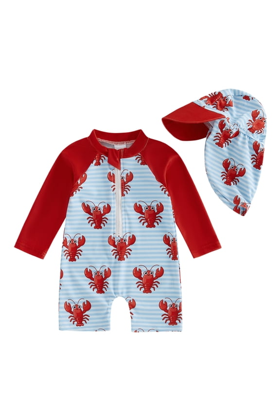 2pcs Toddler Baby Boys One Pieces Swimsuit with Sun Hat Infant Boy Bathing Suit Long Sleeve Starfish Lobster Print Upper Zipper Rash Guard Swimwear Summer Beachwear