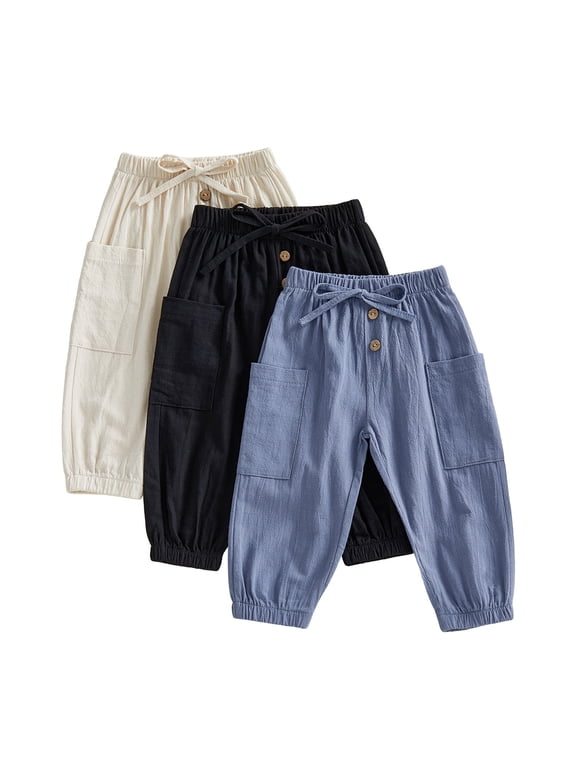 3 Packs Toddler Baby Boys Girls Harem Pants with Pockets Baggy Cargo Pants Barrel Pants Elastic Waist Balloon Long Pants Boho Muslin Basic Bottoms Hippie Baby Clothes
