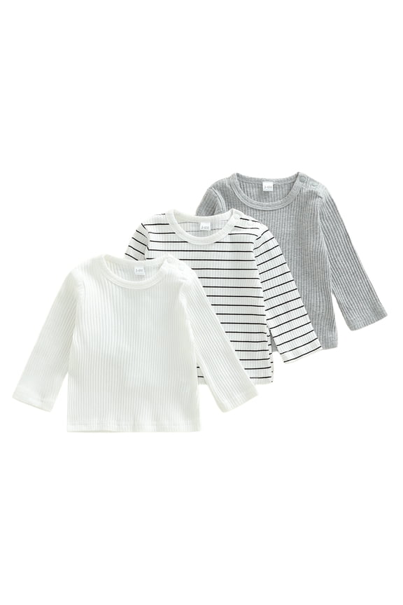 3Pack Infant Baby Girl Boy Long Sleeve Shirts Tops Crew Neck Long Sleeve Ribbed T-Shirts Spring Fall Winter Clothes