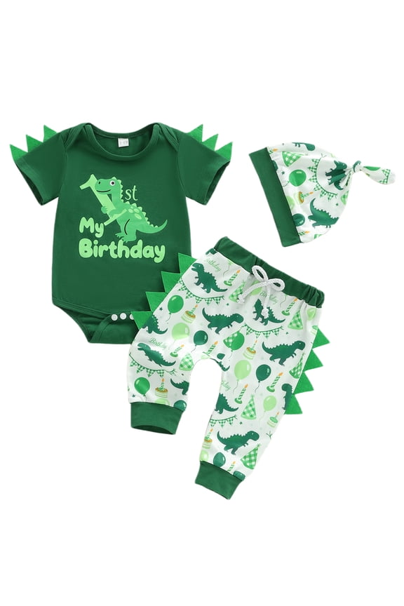 3Pcs Baby Boy Dinosaur First Birthday Outfit 1st Birthday Clothes Short Sleeve Romper Elastic Waist Jogger Pants and Hat Set Summer Clothes