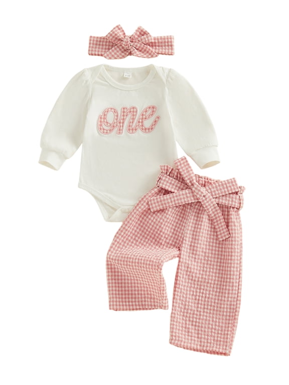 3Pcs Baby Girls First Birthday Outfit 1st Birthday One Years Old Clothes Long Sleeve Crew Neck Letters Embroidery Romper Plaid Wide Legs Belt Pants and Headband Set