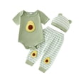 thumbnail image 1 of BemeyourBBs 3Pcs Newborn Baby Boy Girl Avocado Outfit Infant Summer Clothes Short Sleeve Avocado Embroidery Romper Elastic Waist Striped Pants Set Hat, 1 of 8