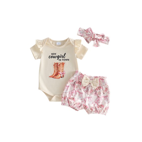 BemeyourBBs 3Pcs Newborn Baby Girl Cowgirl Outfit Infant Girls Summer Clothes Short Sleeve Boots Print Romper Shirt Belted Bubble Shorts Set and Headband