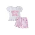 thumbnail image 1 of BemeyourBBs Auntie's Little Bestie Baby Girls Summer Clothes Toddler Baby Girl Outfit Cute Letter Print Short Sleeves T-Shirt and Elastic Ruffled Shorts Set, 1 of 9