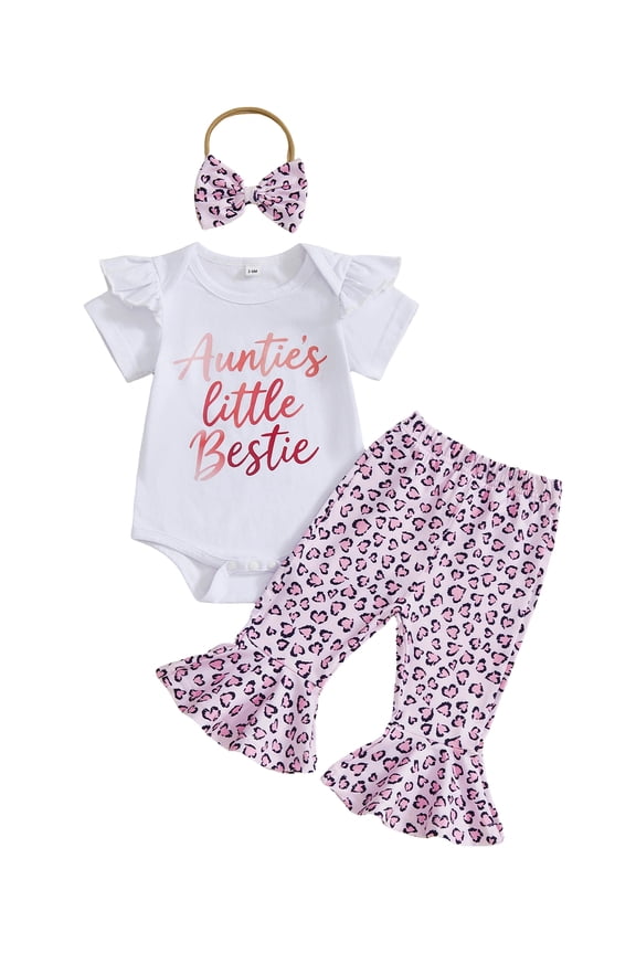 Aunties Bestie Baby Clothes Newborn Baby Girl Spring Summer Outfits Letter Short Sleeve Romper with Leopard Bell Bottoms Flare Pants Set and Bow Headband
