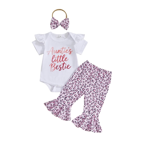 BemeyourBBs Aunties Bestie Baby Clothes Newborn Baby Girl Spring Summer Outfits Letter Short Sleeve Romper with Leopard Bell Bottoms Flare Pants Set and Bow Headband