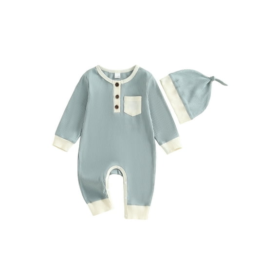 BemeyourBBs Baby Boy Fall Romper Contrast Ribbed Long Sleeve Jumpsuit Hat