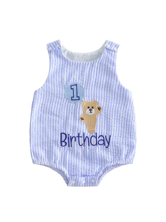 Baby Boy First Birthday Outfit 1 Years Old Birthday Clothes Summer Striped Romper Overalls Sleeveless Letter Bear Embroidery Bodysuit Playsuit One Piece Jumpsuit Overall