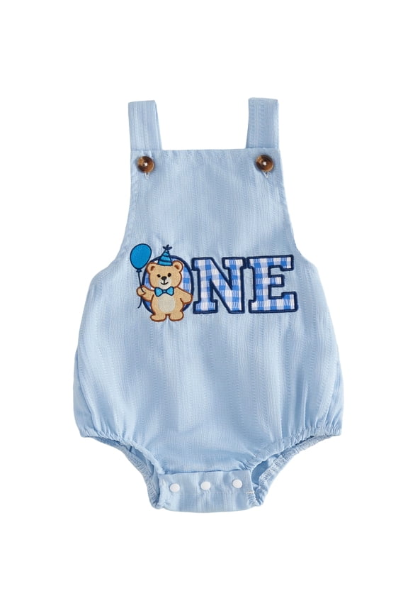 Baby Boy First Birthday Outfit 1st Birthday Clothes One Years Old Summer Bubble Romper Overalls Bear Holding Ballon Letter Embroidery Sleeveless Bodysuit Jumpsuit Playsuit