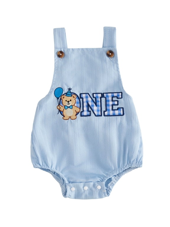 Baby Boy First Birthday Outfit 1st Birthday Clothes One Years Old Summer Bubble Romper Overalls Bear Holding Ballon Letter Embroidery Sleeveless Bodysuit Jumpsuit Playsuit
