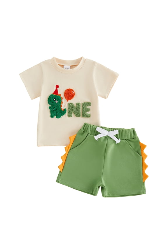 Baby Boy First Birthday Outfit 1st Birthday One Years Old Summer Clothes Letter Balloon Dinosaur Embroidery Short Sleeve T-Shirts and Pocket Shorts 2Pcs Set