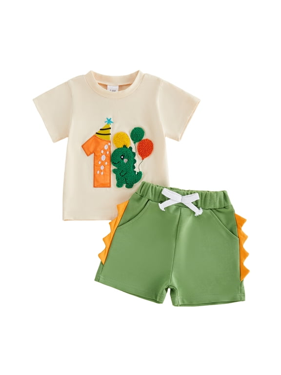 Baby Boy First Birthday Outfit 1st Birthday One Years Old Summer Clothes Letter Balloon Dinosaur Embroidery Short Sleeve T-Shirts and Pocket Shorts 2Pcs Set