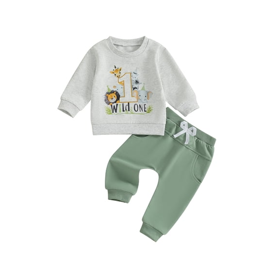 BemeyourBBs Baby Boy First Birthday Outfit Animal Letters Print Sweatshirt Pants