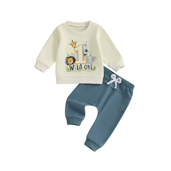 BemeyourBBs Baby Boy First Birthday Outfit Animal Letters Print Sweatshirt Pants