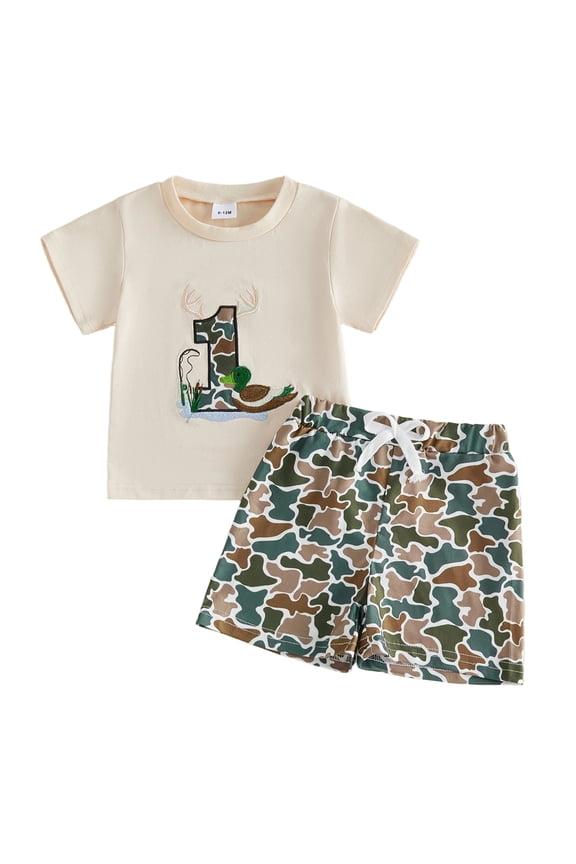 Baby Boy First Birthday Outfit Duck Camouflage Outfits One Years Old Birthday Clothes Short Sleeve T-shirts and Camo Shorts Set 2 Piece Toddler Boys Summer Clothes