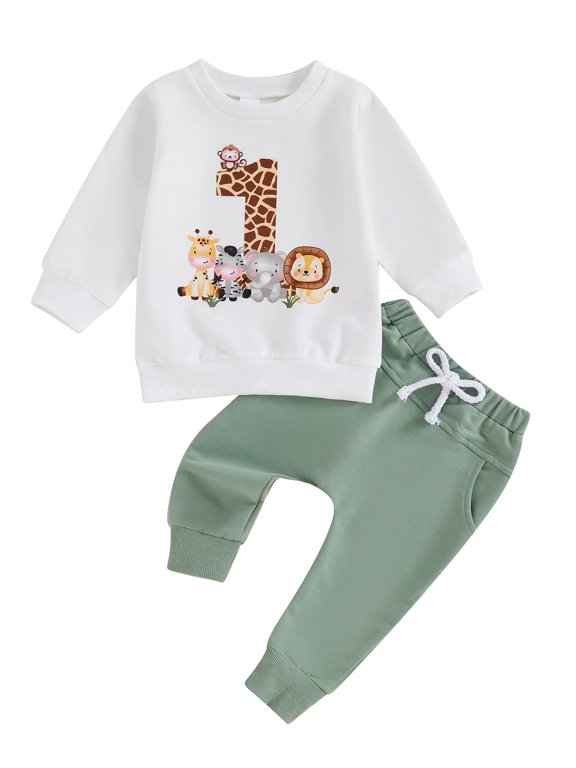 Baby Boy First Birthday Outfit Wild One Birthday 1st Birthday Clothes Long Sleeve Crewneck Animal Sweatshirt with Sweatpants Cute Infant Spring Fall Winter Clothes