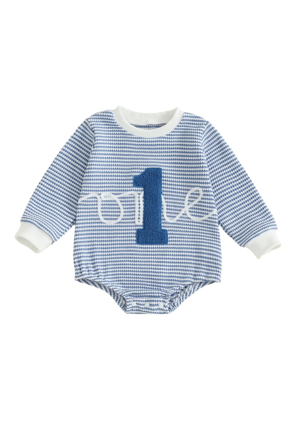 Baby Boy First Birthday Outfits One Years Old 1st Birthday Clothes Waffle Knit Striped Bubble Romper Number Embroidery Long Sleeve Bodysuit Spring Fall Winter Clothes