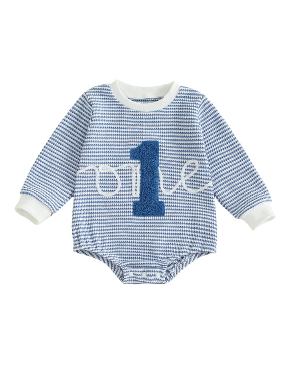 Baby Boy First Birthday Outfits One Years Old 1st Birthday Clothes Waffle Knit Striped Bubble Romper Number Embroidery Long Sleeve Bodysuit Spring Fall Winter Clothes