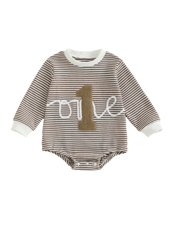 Baby Boy First Birthday Outfits One Years Old 1st Birthday Clothes Waffle Knit Striped Bubble Romper Number Embroidery Long Sleeve Bodysuit Spring Fall Winter Clothes