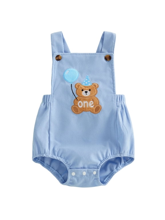 Baby Boy First Birthday Romper Overalls Outfit One Years Old 1st Birthday Clothes Sleeveless Square Neck Animal Balloon Embroidery Bodysuit Playsuit