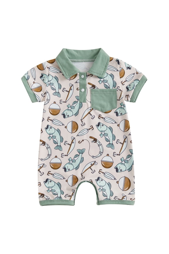 Baby Boy Fish Print Romper Half Button Collared Short Sleeve Bodysuit