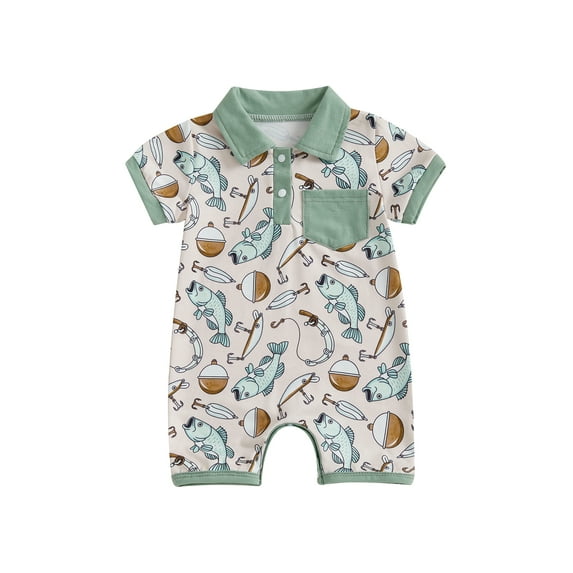 BemeyourBBs Baby Boy Fish Print Romper Half Button Collared Short Sleeve Bodysuit