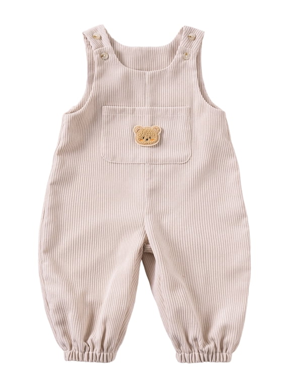 Baby Boy Girl Corduroy Overalls Bear Embroidered Sleeveless Jumpsuit
