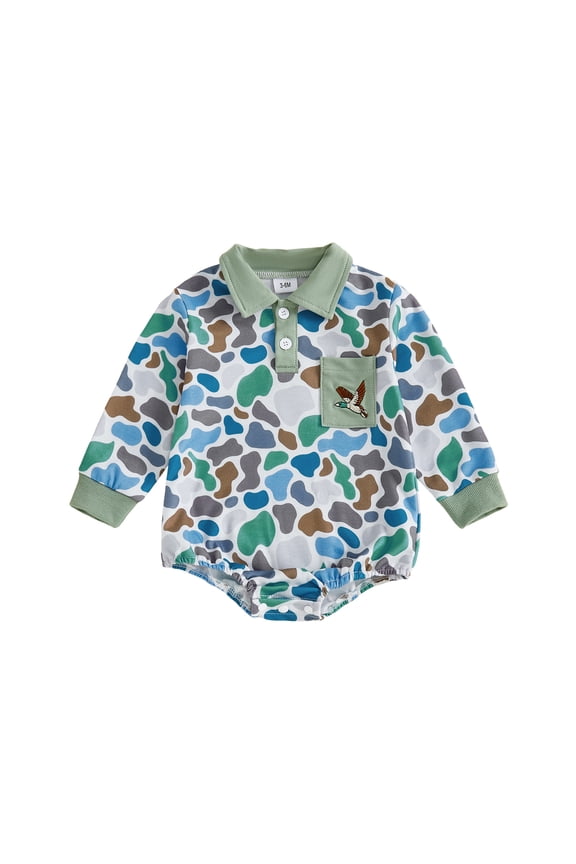 Baby Boy Girl Duck Hunting Clothes Camo Embroidery Mallard Duck Animal Sweatshirt Bubble Romper Long Sleeve Bodysuit Cute Newborn Fall Winter Outfit