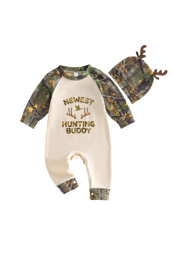 Baby Boy Hunting Clothes Cute Newborn Coming Home Outfit Spring Fall Romper Animal Letter Leaf Branch Long Sleeve Jumpsuit and Hat with Antlers 2 Piece Set