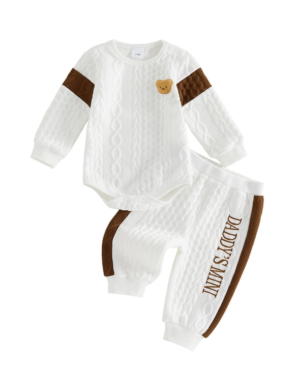 Baby Boy Little Brother Daddy's Mini Outfit Baby Boys Spring Fall Winter Clothes Bear Embroidered Long Sleeve Romper and Side Striped Pants 2 Piece Set
