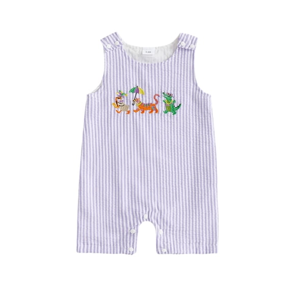 BemeyourBBs Baby Boy Mardi Gras Outfit Newborn Striped Romper Overalls Cute Animals Embroidery Sleeveless Jumpsuits Carnival Clothes
