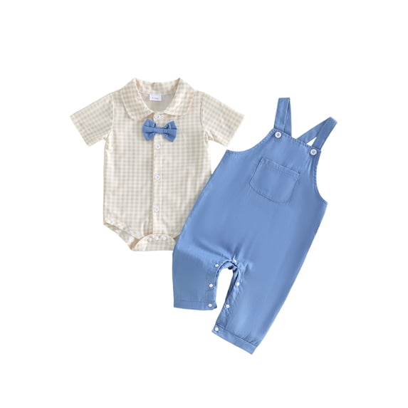 BemeyourBBs Baby Boy Summer Clothes Baptism Gentleman Church Outfit Plaid Short Sleeves Button Down Romper with Bowtie and Denim Bib Overalls Jumpsuit Front Pocket Suspender Pants Set
