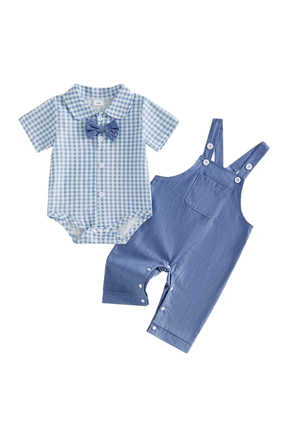Baby Boy Summer Clothes Baptism Gentleman Church Outfit Plaid Short Sleeves Button Down Romper with Bowtie and Denim Bib Overalls Jumpsuit Front Pocket Suspender Pants Set