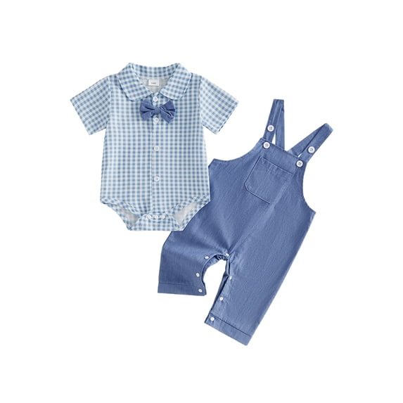 BemeyourBBs Baby Boy Summer Clothes Baptism Gentleman Church Outfit Plaid Short Sleeves Button Down Romper with Bowtie and Denim Bib Overalls Jumpsuit Front Pocket Suspender Pants Set